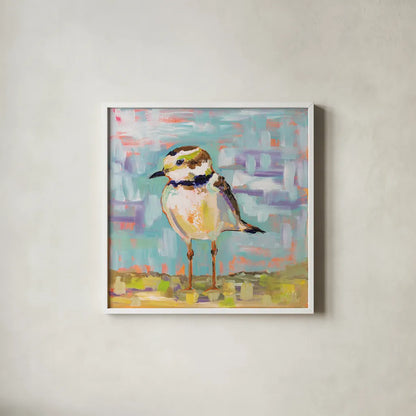 Coastal Plover II by Jeanette Vertentes. Shown in a crisp white glass frame for a clean and minimalist style. Available as an archival giclee rolled canvas, fine art paper, or poster print. SKU 55180a.