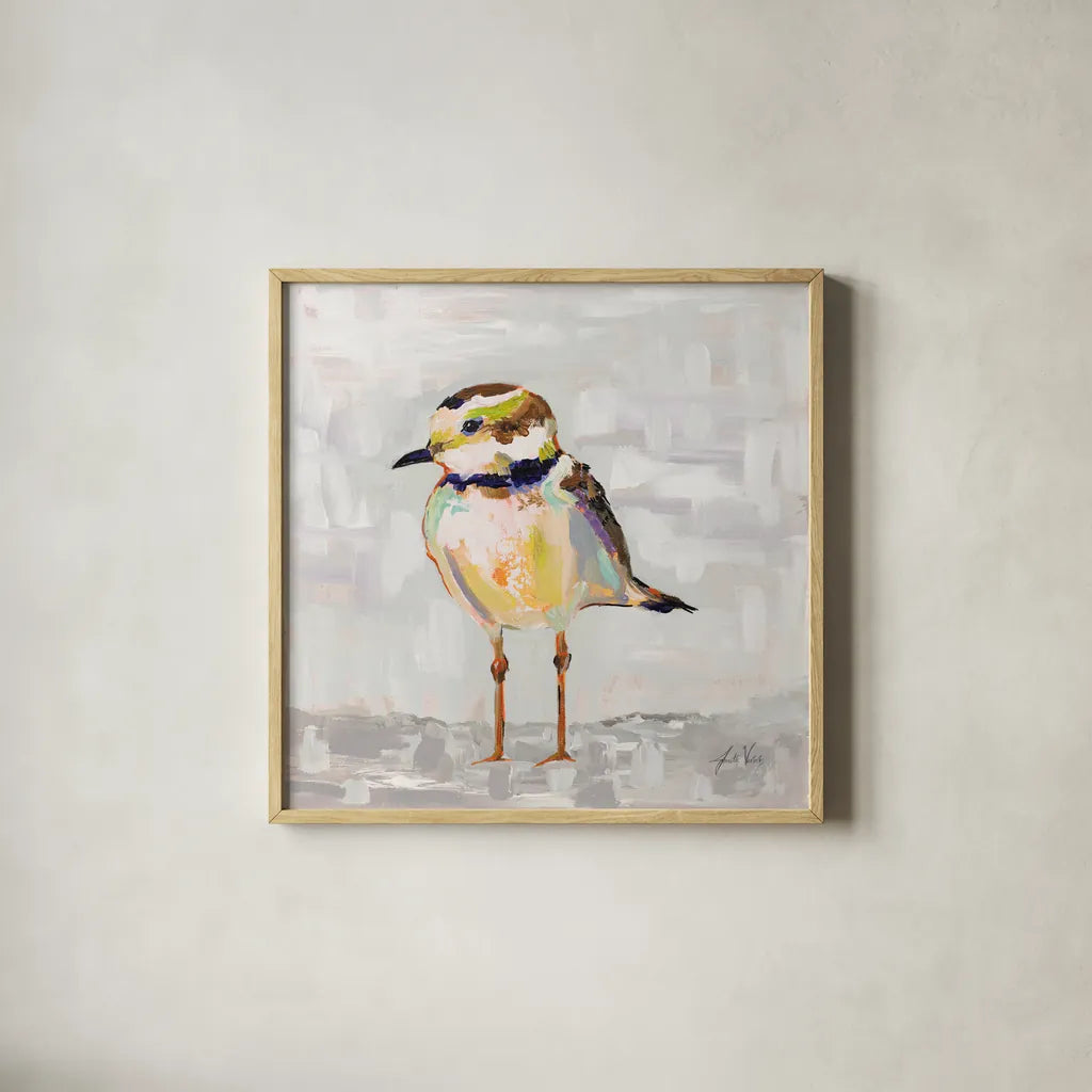 Coastal Plover II Gray by Jeanette Vertentes. Shown in a natural wood glass frame for a timeless modern aesthetic. Available as an archival giclee rolled canvas, fine art paper, or poster print. SKU 68801a.
