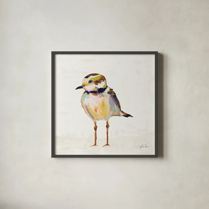 Coastal Plover II Linen by Jeanette Vertentes. Shown in a sleek black glass frame for a contemporary gallery look. Available as an archival giclee rolled canvas, fine art paper, or poster print. SKU 70070a.