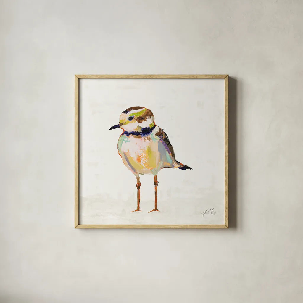 Coastal Plover II Linen by Jeanette Vertentes. Shown in a natural wood glass frame for a timeless modern aesthetic. Available as an archival giclee rolled canvas, fine art paper, or poster print. SKU 70070a.