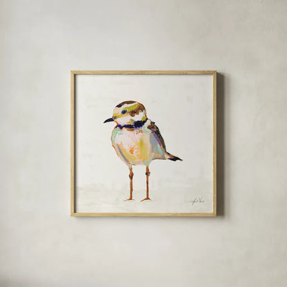 Coastal Plover II Linen by Jeanette Vertentes. Shown in a natural wood glass frame for a timeless modern aesthetic. Available as an archival giclee rolled canvas, fine art paper, or poster print. SKU 70070a.