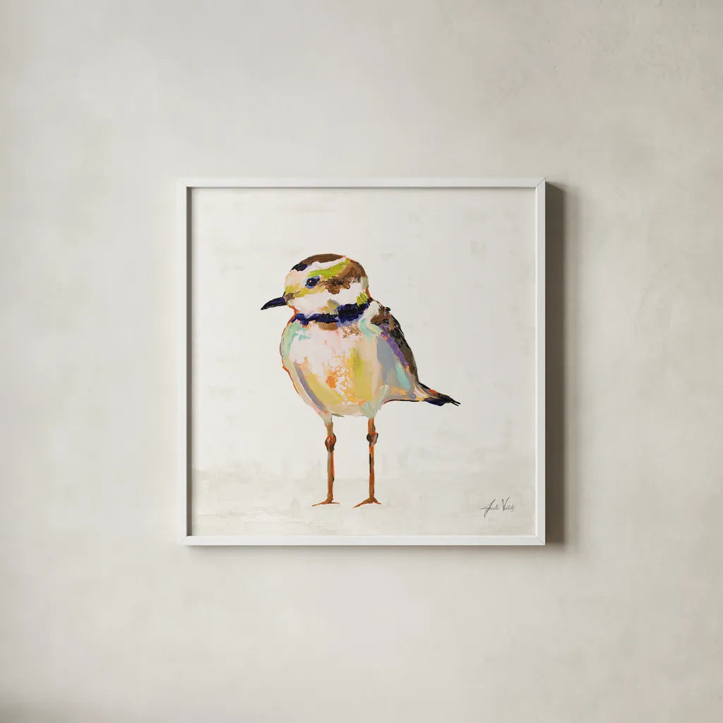 Coastal Plover II Linen by Jeanette Vertentes. Shown in a crisp white glass frame for a clean and minimalist style. Available as an archival giclee rolled canvas, fine art paper, or poster print. SKU 70070a.