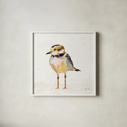 Coastal Plover II Linen by Jeanette Vertentes. Shown in a crisp white glass frame for a clean and minimalist style. Available as an archival giclee rolled canvas, fine art paper, or poster print. SKU 70070a.