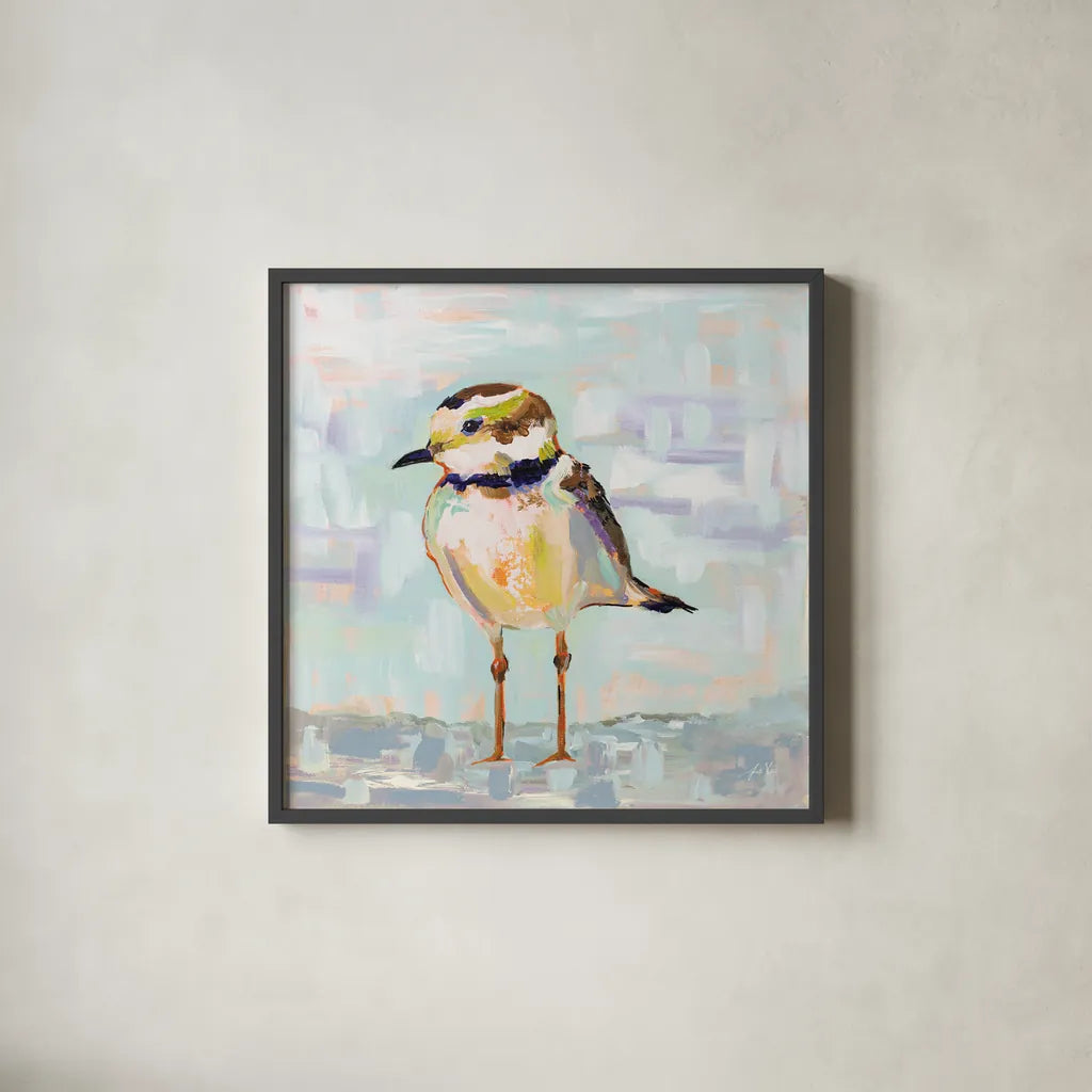Coastal Plover II Neutral by Jeanette Vertentes. Shown in a sleek black glass frame for a contemporary gallery look. Available as an archival giclee rolled canvas, fine art paper, or poster print. SKU 56825a.