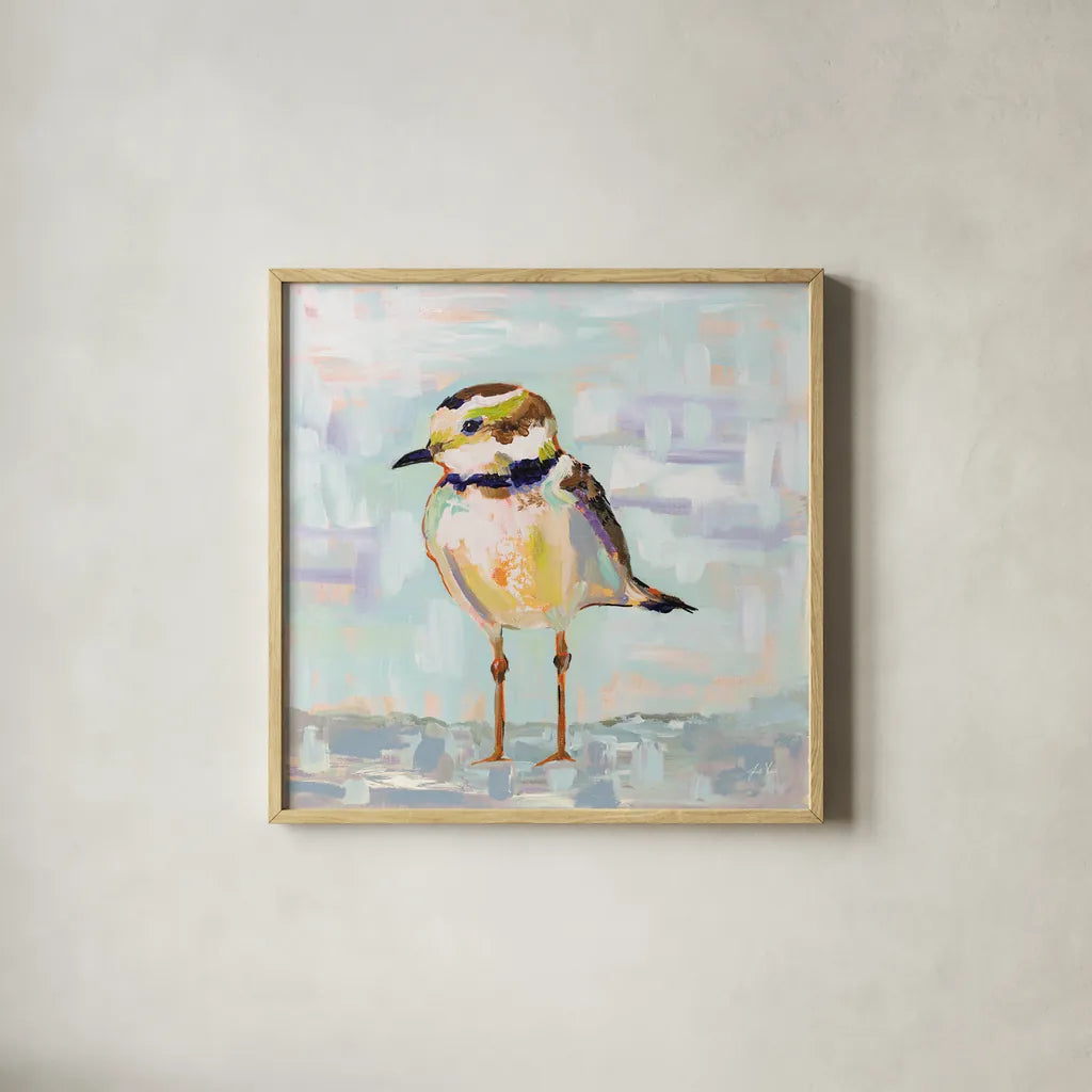 Coastal Plover II Neutral by Jeanette Vertentes. Shown in a natural wood glass frame for a timeless modern aesthetic. Available as an archival giclee rolled canvas, fine art paper, or poster print. SKU 56825a.