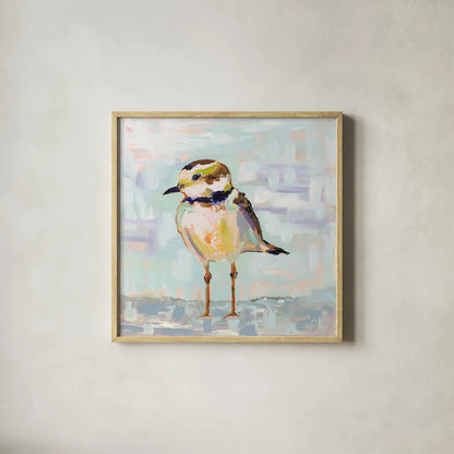 Coastal Plover II Neutral by Jeanette Vertentes. Shown in a natural wood glass frame for a timeless modern aesthetic. Available as an archival giclee rolled canvas, fine art paper, or poster print. SKU 56825a.