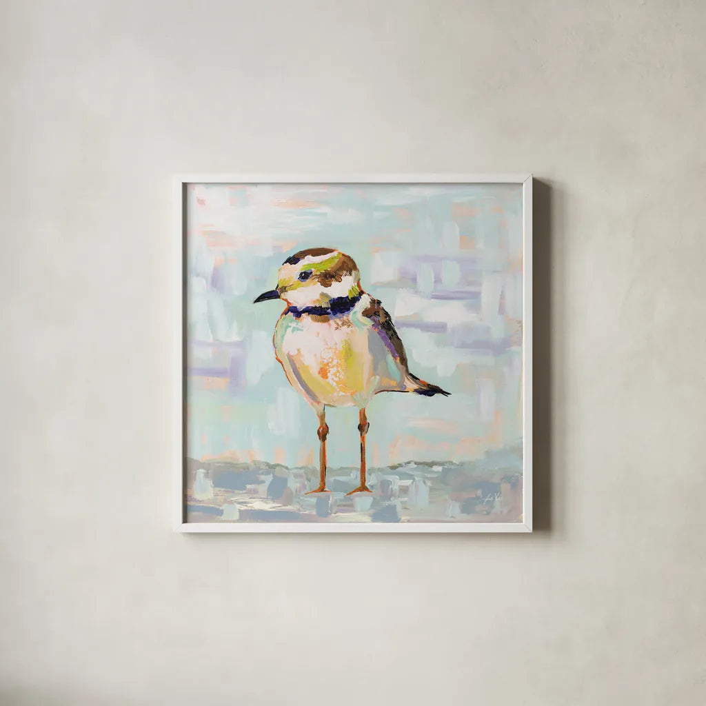 Coastal Plover II Neutral by Jeanette Vertentes. Shown in a crisp white glass frame for a clean and minimalist style. Available as an archival giclee rolled canvas, fine art paper, or poster print. SKU 56825a.