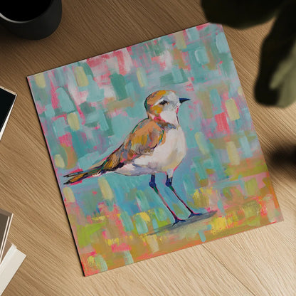 Coastal Plover III by Jeanette Vertentes. Shown as a detailed flat fine art print, highlighting archival giclee quality. Available as an archival giclee rolled canvas, fine art paper, or poster print. SKU 55181a.