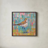Coastal Plover III by Jeanette Vertentes. Shown in a sleek black glass frame for a contemporary gallery look. Available as an archival giclee rolled canvas, fine art paper, or poster print. SKU 55181a.