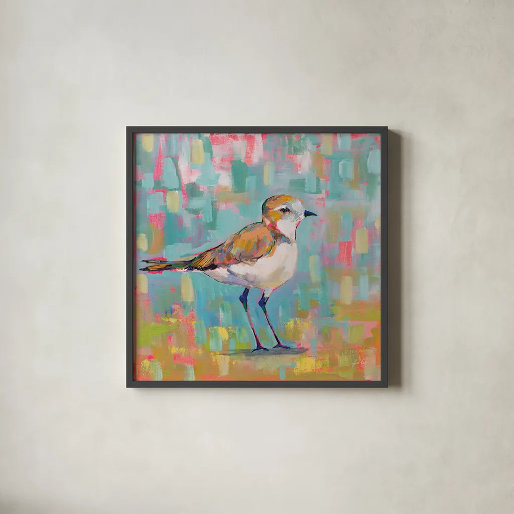 Coastal Plover III by Jeanette Vertentes. Shown in a sleek black glass frame for a contemporary gallery look. Available as an archival giclee rolled canvas, fine art paper, or poster print. SKU 55181a.