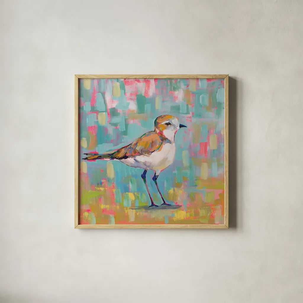 Coastal Plover III by Jeanette Vertentes. Shown in a natural wood glass frame for a timeless modern aesthetic. Available as an archival giclee rolled canvas, fine art paper, or poster print. SKU 55181a.