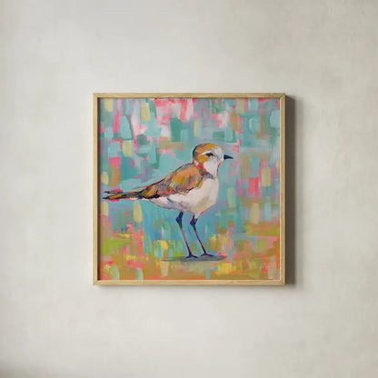 Coastal Plover III by Jeanette Vertentes. Shown in a natural wood glass frame for a timeless modern aesthetic. Available as an archival giclee rolled canvas, fine art paper, or poster print. SKU 55181a.