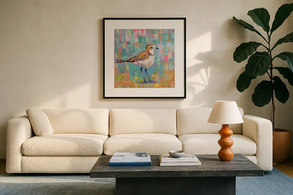 Coastal Plover III by Jeanette Vertentes. Displayed in a glass frame with matte in a clean modern living room. Available as an archival giclee rolled canvas, fine art paper, or poster print. SKU 55181a.
