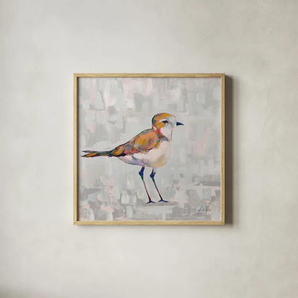 Coastal Plover III Gray by Jeanette Vertentes. Shown in a natural wood glass frame for a timeless modern aesthetic. Available as an archival giclee rolled canvas, fine art paper, or poster print. SKU 68802a.