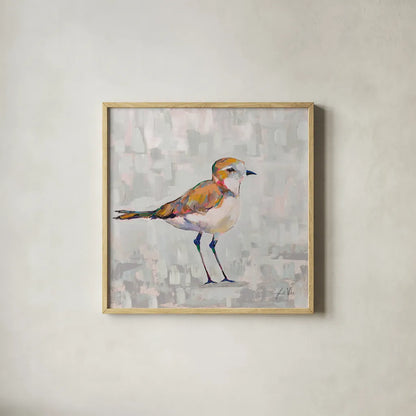 Coastal Plover III Gray by Jeanette Vertentes. Shown in a natural wood glass frame for a timeless modern aesthetic. Available as an archival giclee rolled canvas, fine art paper, or poster print. SKU 68802a.