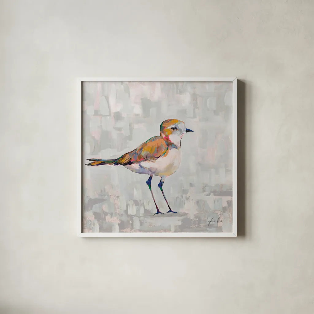 Coastal Plover III Gray by Jeanette Vertentes. Shown in a crisp white glass frame for a clean and minimalist style. Available as an archival giclee rolled canvas, fine art paper, or poster print. SKU 68802a.