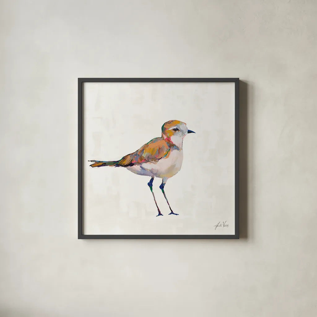 Coastal Plover III Linen by Jeanette Vertentes. Shown in a sleek black glass frame for a contemporary gallery look. Available as an archival giclee rolled canvas, fine art paper, or poster print. SKU 70071a.