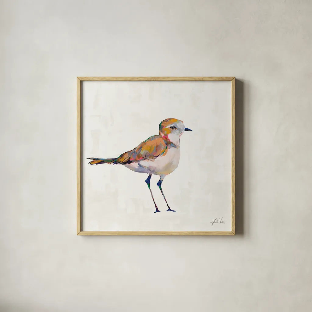 Coastal Plover III Linen by Jeanette Vertentes. Shown in a natural wood glass frame for a timeless modern aesthetic. Available as an archival giclee rolled canvas, fine art paper, or poster print. SKU 70071a.