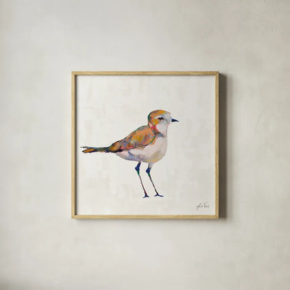 Coastal Plover III Linen by Jeanette Vertentes. Shown in a natural wood glass frame for a timeless modern aesthetic. Available as an archival giclee rolled canvas, fine art paper, or poster print. SKU 70071a.