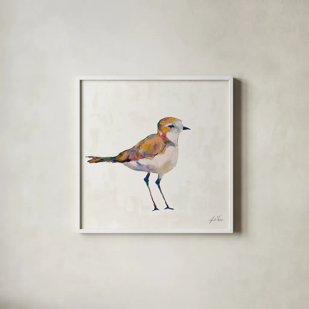 Coastal Plover III Linen by Jeanette Vertentes. Shown in a crisp white glass frame for a clean and minimalist style. Available as an archival giclee rolled canvas, fine art paper, or poster print. SKU 70071a.