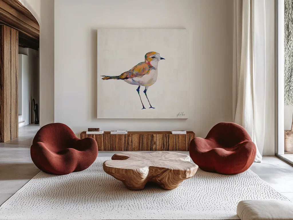 Coastal Plover III Linen by Jeanette Vertentes. Shown as extra-large giant wall art in a modern living room. Available as an archival giclee rolled canvas, fine art paper, or poster print. SKU 70071a.