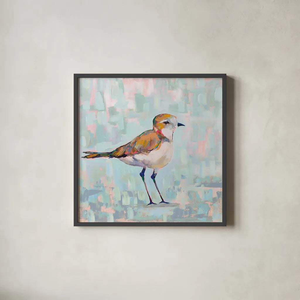 Coastal Plover III Neutral by Jeanette Vertentes. Shown in a sleek black glass frame for a contemporary gallery look. Available as an archival giclee rolled canvas, fine art paper, or poster print. SKU 56826a.