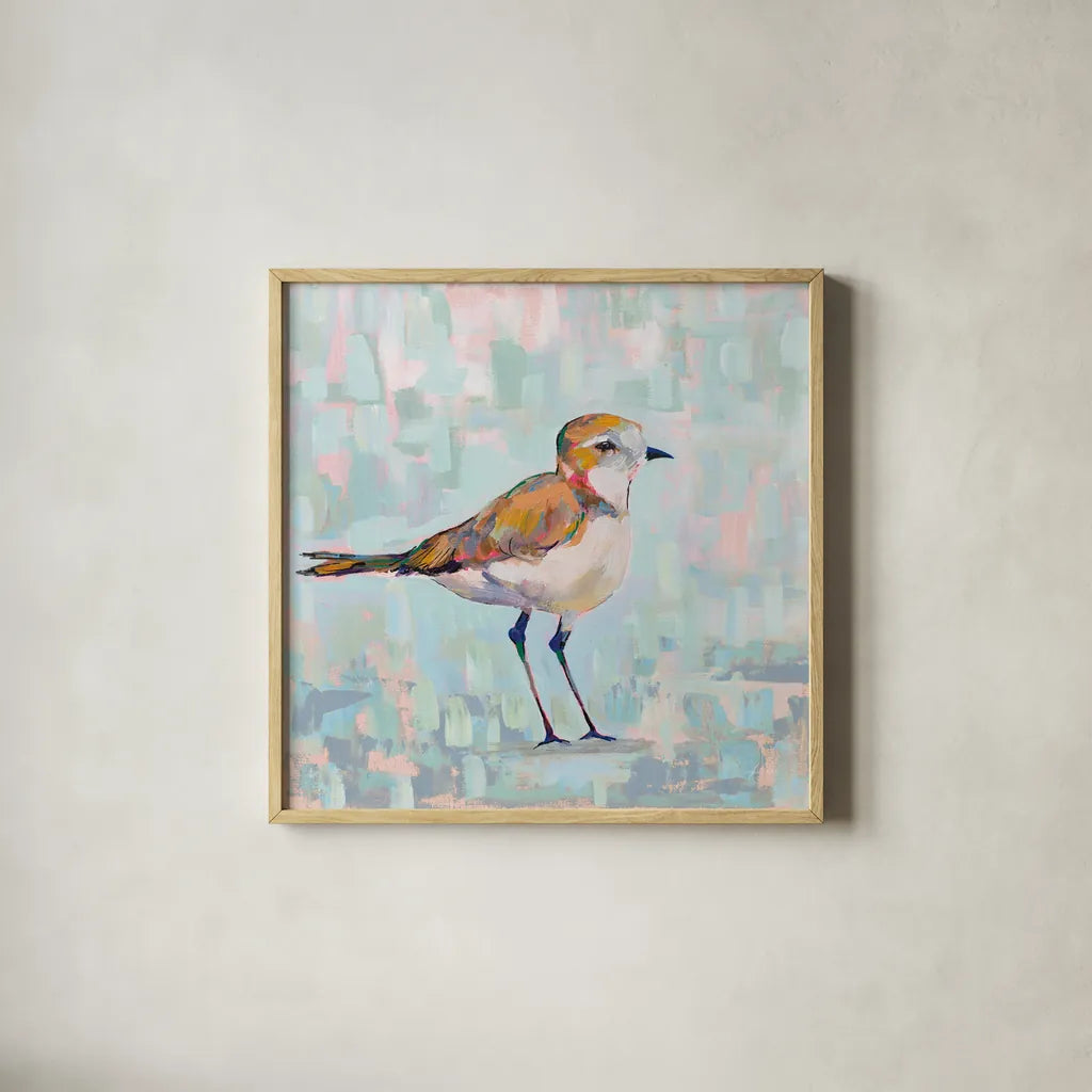 Coastal Plover III Neutral by Jeanette Vertentes. Shown in a natural wood glass frame for a timeless modern aesthetic. Available as an archival giclee rolled canvas, fine art paper, or poster print. SKU 56826a.