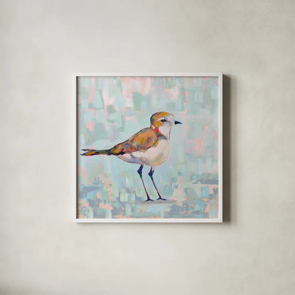 Coastal Plover III Neutral by Jeanette Vertentes. Shown in a crisp white glass frame for a clean and minimalist style. Available as an archival giclee rolled canvas, fine art paper, or poster print. SKU 56826a.