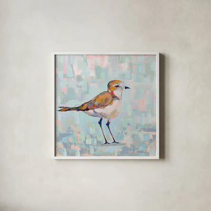 Coastal Plover III Neutral by Jeanette Vertentes. Shown in a crisp white glass frame for a clean and minimalist style. Available as an archival giclee rolled canvas, fine art paper, or poster print. SKU 56826a.