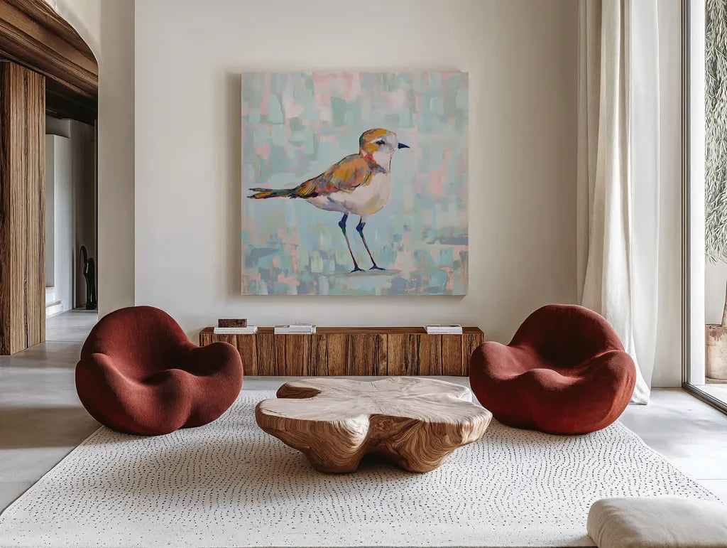Coastal Plover III Neutral by Jeanette Vertentes. Shown as extra-large giant wall art in a modern living room. Available as an archival giclee rolled canvas, fine art paper, or poster print. SKU 56826a.