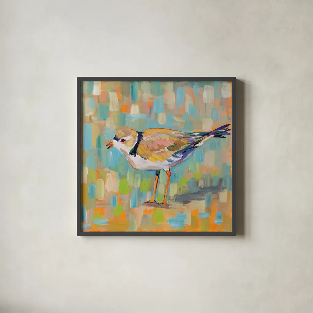 Coastal Plover IV by Jeanette Vertentes. Shown in a sleek black glass frame for a contemporary gallery look. Available as an archival giclee rolled canvas, fine art paper, or poster print. SKU 55182a.