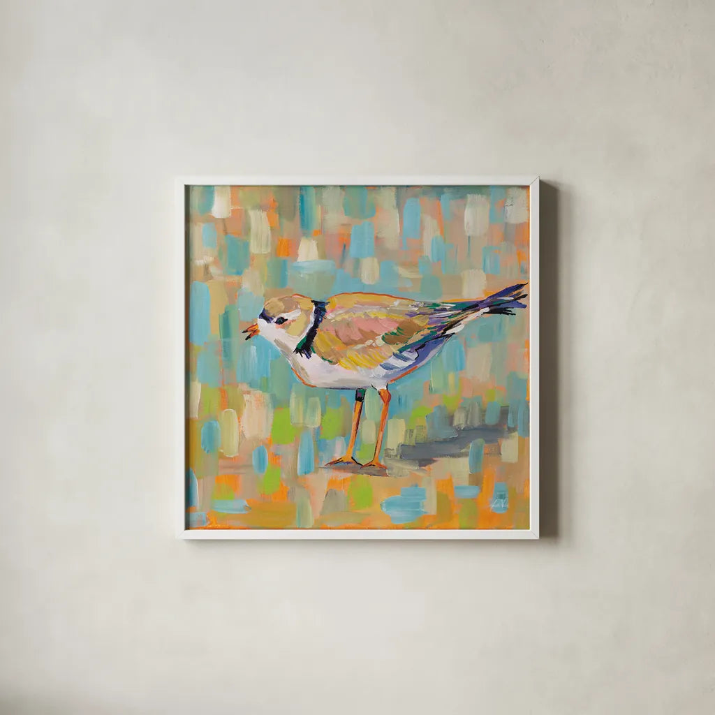 Coastal Plover IV by Jeanette Vertentes. Shown in a crisp white glass frame for a clean and minimalist style. Available as an archival giclee rolled canvas, fine art paper, or poster print. SKU 55182a.