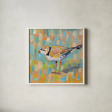 Coastal Plover IV by Jeanette Vertentes. Shown in a crisp white glass frame for a clean and minimalist style. Available as an archival giclee rolled canvas, fine art paper, or poster print. SKU 55182a.