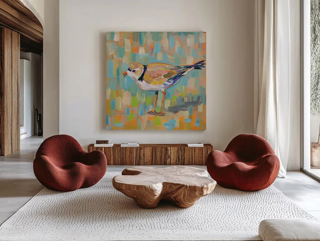 Coastal Plover IV by Jeanette Vertentes. Shown as extra-large giant wall art in a modern living room. Available as an archival giclee rolled canvas, fine art paper, or poster print. SKU 55182a.