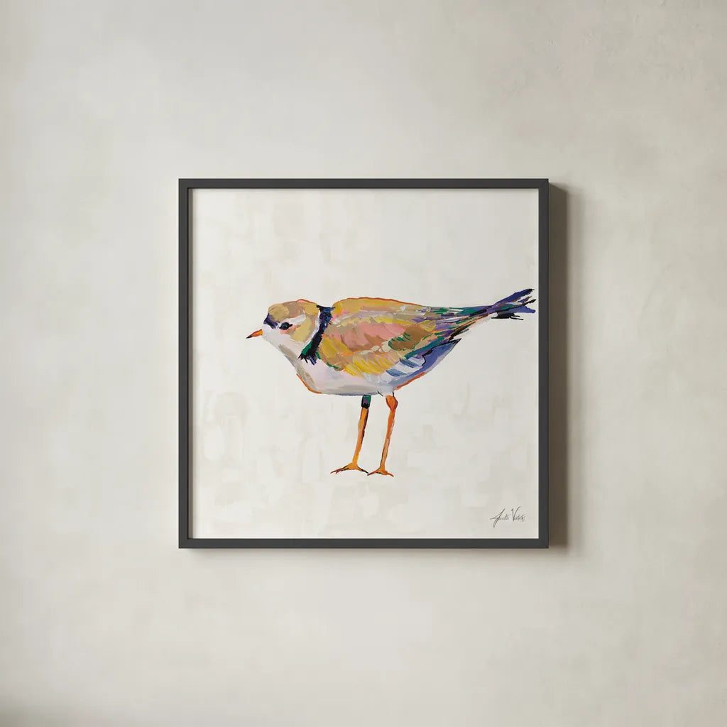 Coastal Plover IV Linen by Jeanette Vertentes. Shown in a sleek black glass frame for a contemporary gallery look. Available as an archival giclee rolled canvas, fine art paper, or poster print. SKU 70072a.