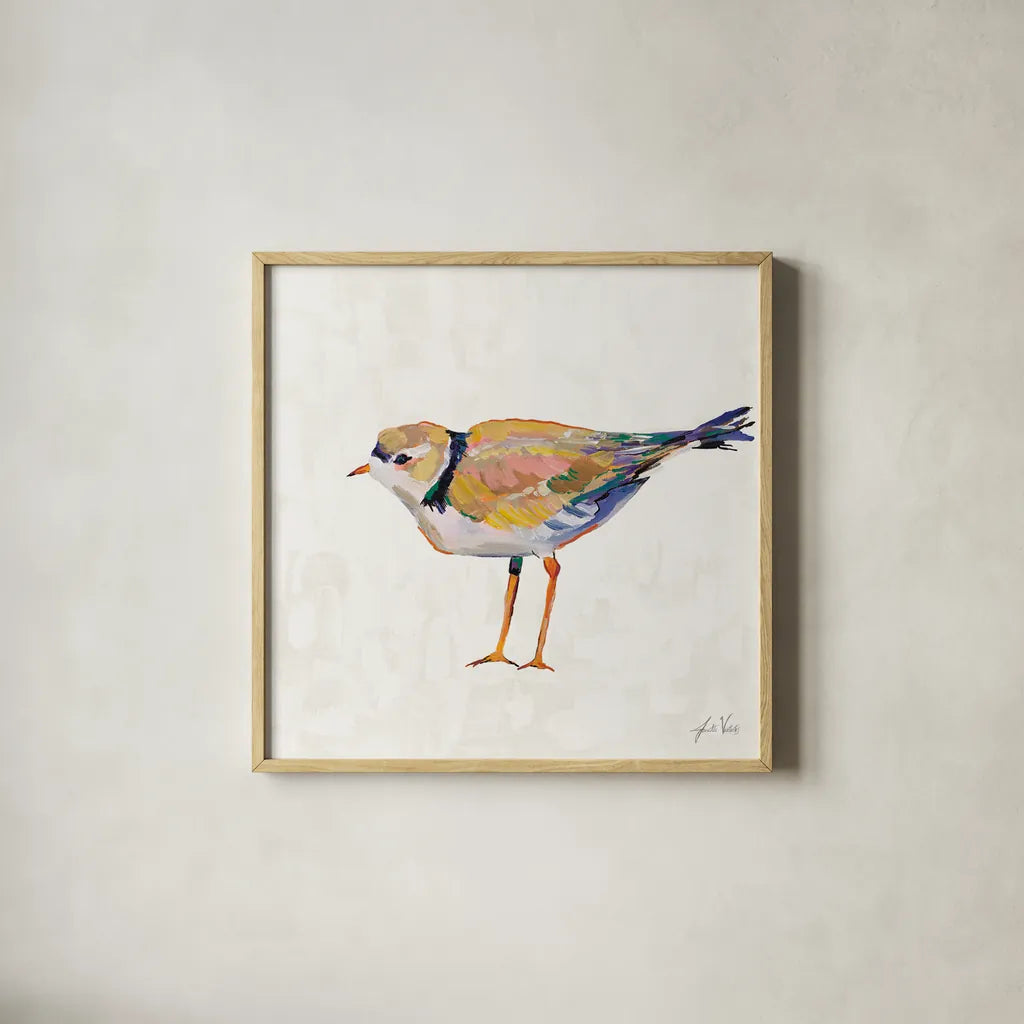 Coastal Plover IV Linen by Jeanette Vertentes. Shown in a natural wood glass frame for a timeless modern aesthetic. Available as an archival giclee rolled canvas, fine art paper, or poster print. SKU 70072a.