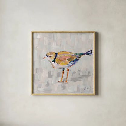 Coastal Plover IV v2 Gray by Jeanette Vertentes. Shown in a natural wood glass frame for a timeless modern aesthetic. Available as an archival giclee rolled canvas, fine art paper, or poster print. SKU 68803a.