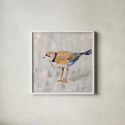 Coastal Plover IV v2 Gray by Jeanette Vertentes. Shown in a crisp white glass frame for a clean and minimalist style. Available as an archival giclee rolled canvas, fine art paper, or poster print. SKU 68803a.