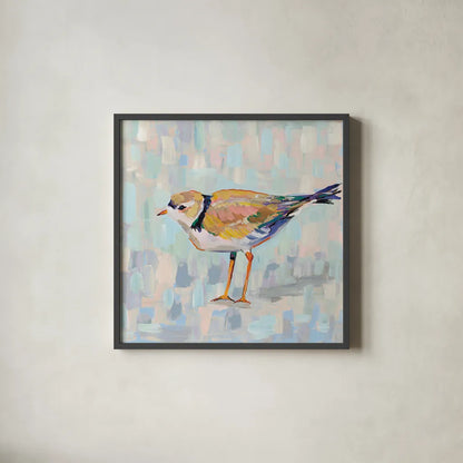 Coastal Plover IV v2 Neutral by Jeanette Vertentes. Shown in a sleek black glass frame for a contemporary gallery look. Available as an archival giclee rolled canvas, fine art paper, or poster print. SKU 56827a.