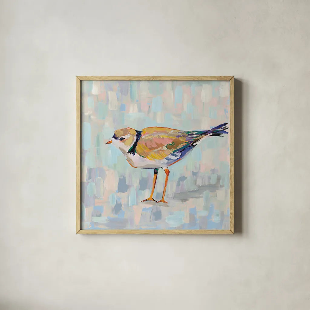 Coastal Plover IV v2 Neutral by Jeanette Vertentes. Shown in a natural wood glass frame for a timeless modern aesthetic. Available as an archival giclee rolled canvas, fine art paper, or poster print. SKU 56827a.