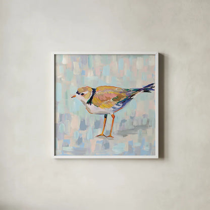 Coastal Plover IV v2 Neutral by Jeanette Vertentes. Shown in a crisp white glass frame for a clean and minimalist style. Available as an archival giclee rolled canvas, fine art paper, or poster print. SKU 56827a.