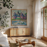Coastal Towers by Jeanette Vertentes. Shown in a natural wood frame in a cozy modern living room. Available as an archival giclee rolled canvas, fine art paper, or poster print. SKU 80577a.