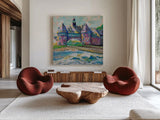 Coastal Towers by Jeanette Vertentes. Shown as extra-large giant wall art in a modern living room. Available as an archival giclee rolled canvas, fine art paper, or poster print. SKU 80577a.