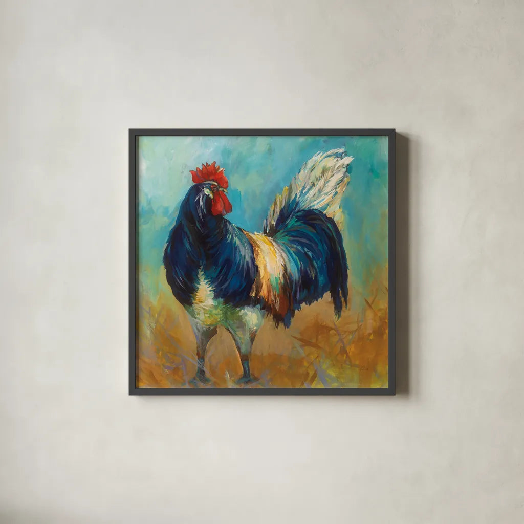 Cocky by Jeanette Vertentes. Shown in a sleek black glass frame for a contemporary gallery look. Available as an archival giclee rolled canvas, fine art paper, or poster print. SKU 49344a.