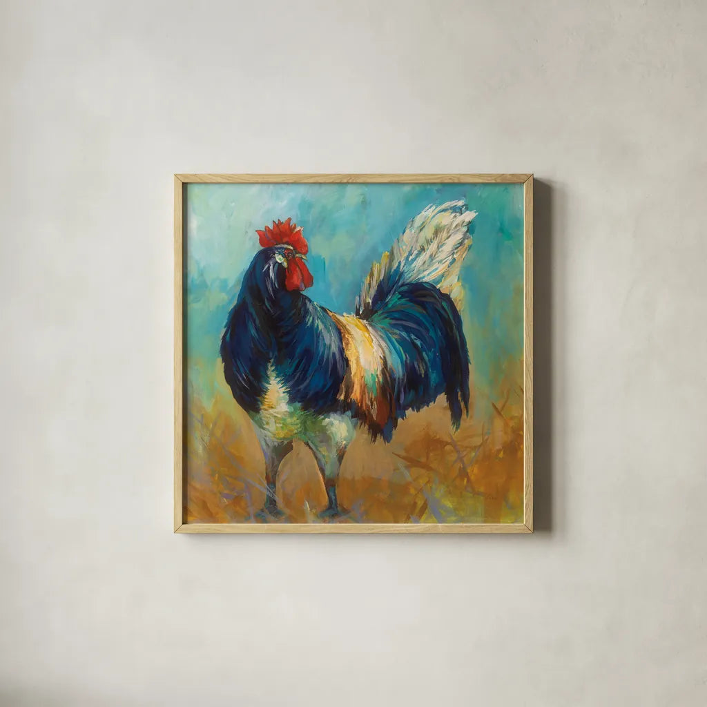 Cocky by Jeanette Vertentes. Shown in a natural wood glass frame for a timeless modern aesthetic. Available as an archival giclee rolled canvas, fine art paper, or poster print. SKU 49344a.