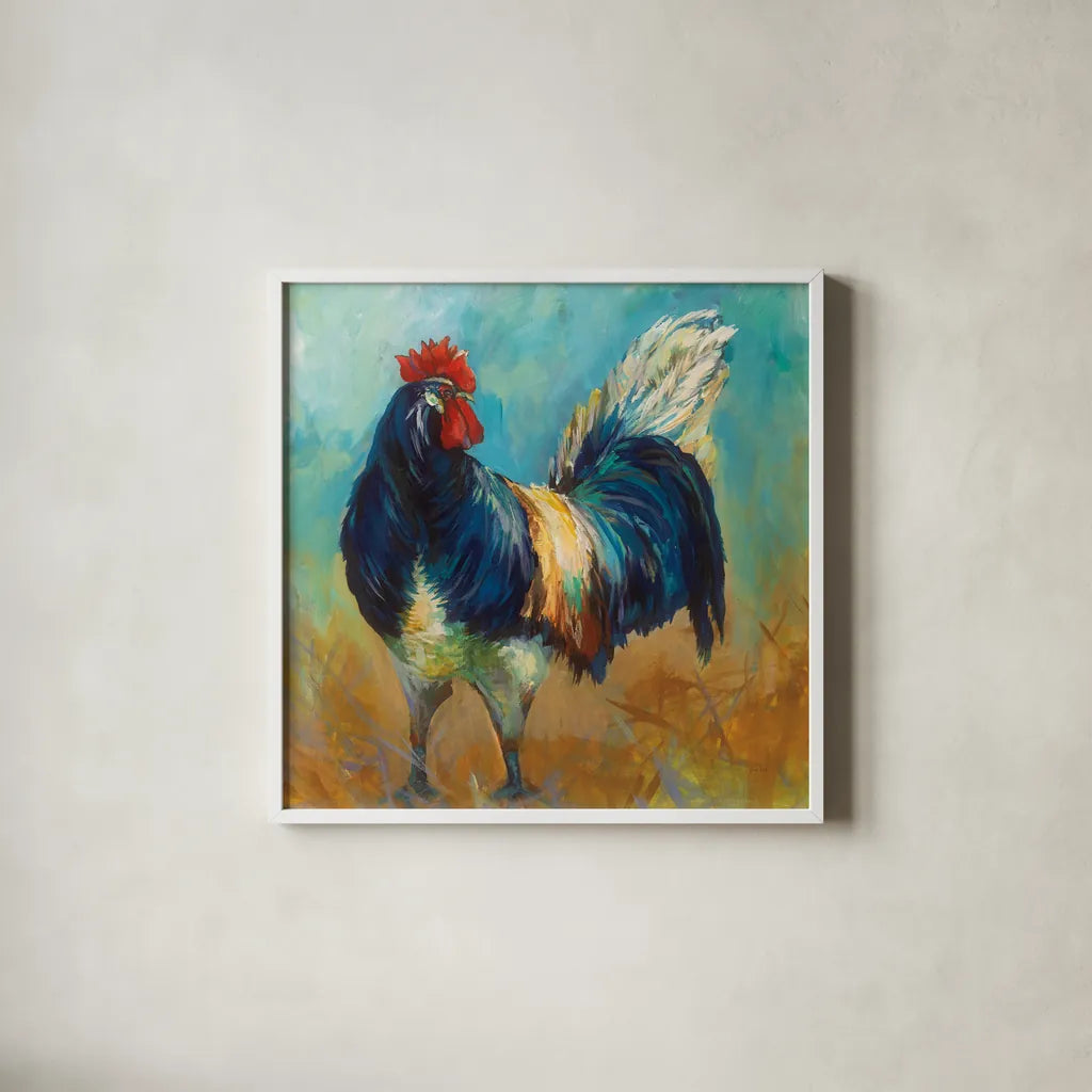 Cocky by Jeanette Vertentes. Shown in a crisp white glass frame for a clean and minimalist style. Available as an archival giclee rolled canvas, fine art paper, or poster print. SKU 49344a.