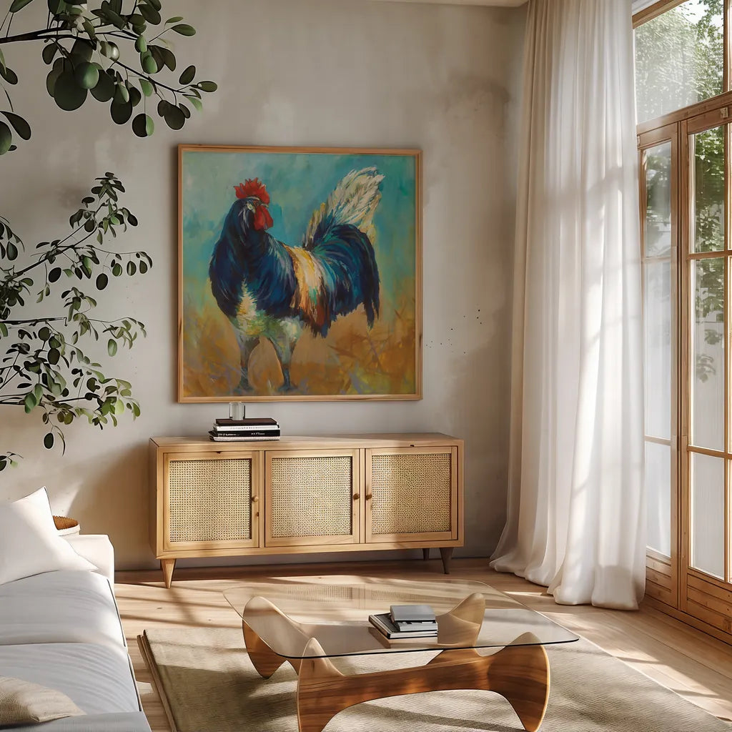 Cocky by Jeanette Vertentes. Shown in a natural wood frame in a cozy modern living room. Available as an archival giclee rolled canvas, fine art paper, or poster print. SKU 49344a.