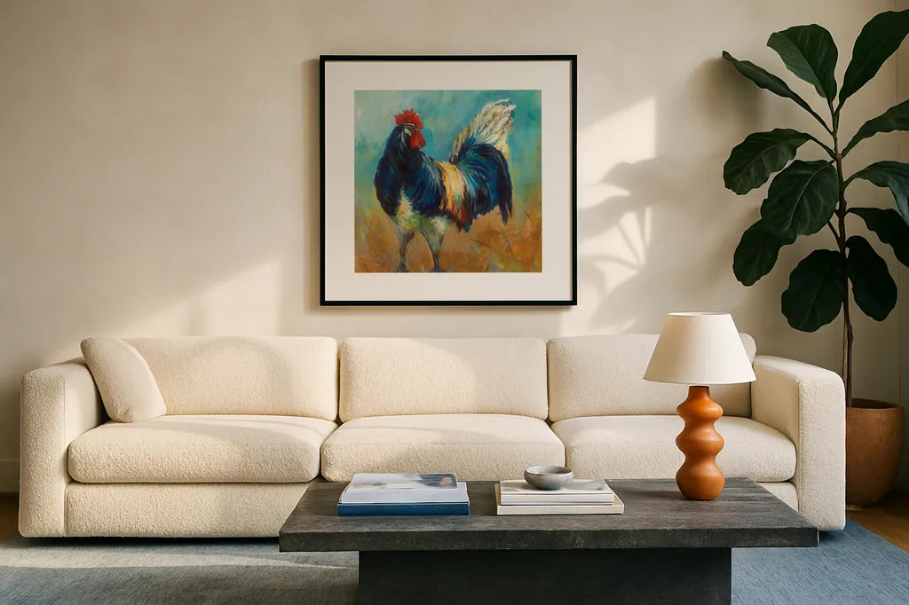 Cocky by Jeanette Vertentes. Displayed in a glass frame with matte in a clean modern living room. Available as an archival giclee rolled canvas, fine art paper, or poster print. SKU 49344a.