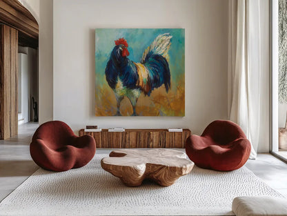 Cocky by Jeanette Vertentes. Shown as extra-large giant wall art in a modern living room. Available as an archival giclee rolled canvas, fine art paper, or poster print. SKU 49344a.
