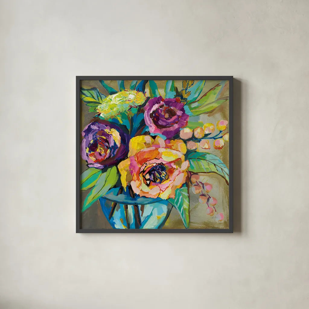 Coffee Break by Jeanette Vertentes. Shown in a sleek black glass frame for a contemporary gallery look. Available as an archival giclee rolled canvas, fine art paper, or poster print. SKU 53179a.